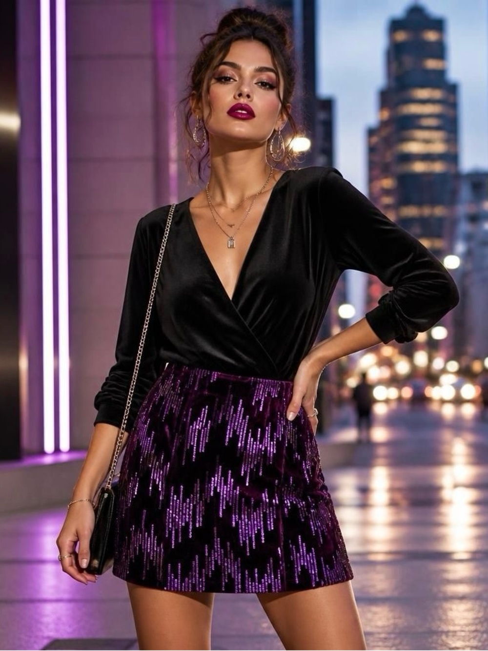 Wildfox Black Velvet Mini Skirt with Purple Sequins